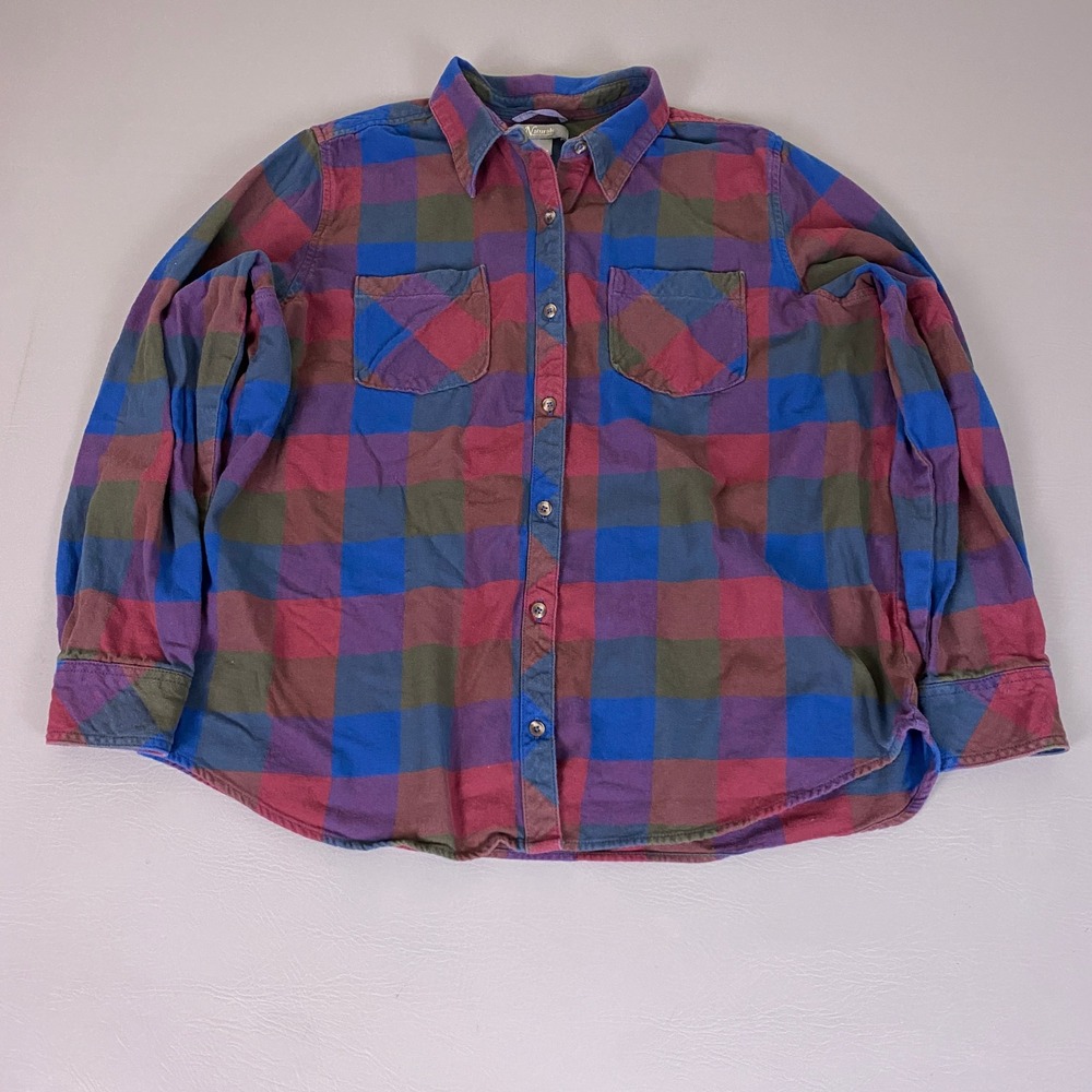Natural Reflections Flannel Shirt Men's XL Blue Burgundy Plaid Button‎ Up Cotton